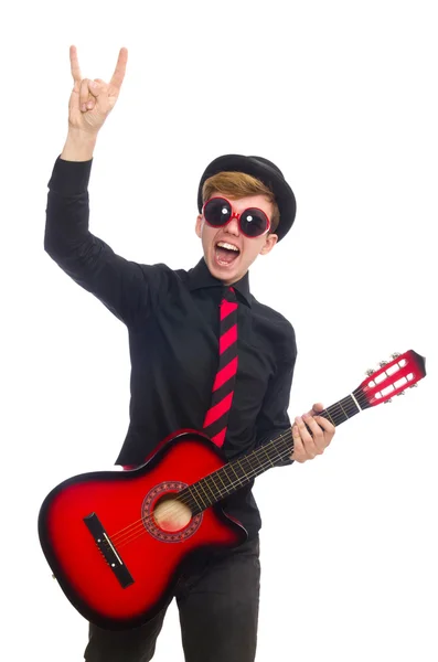 Rapaz positivo com guitarra isolada em branco — Fotografia de Stock