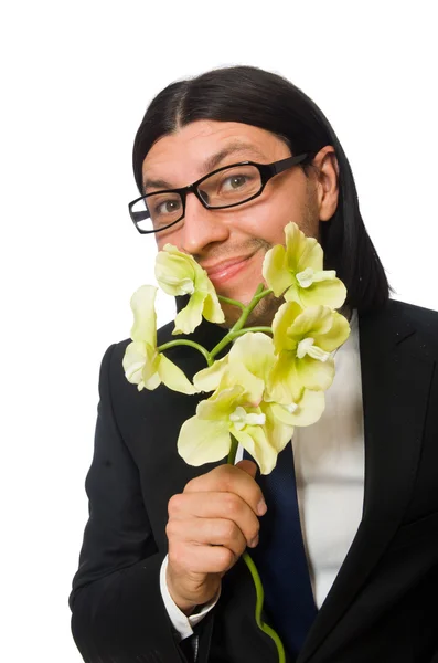 Hombre de negocios guapo con flor aislada en blanco —  Fotos de Stock