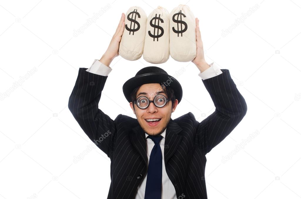 Young employee holding money bags isolated on white