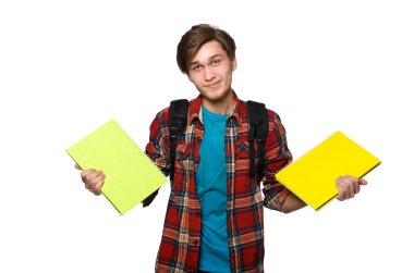 Kitapları beyaza saklanmış komik bir öğrenci.