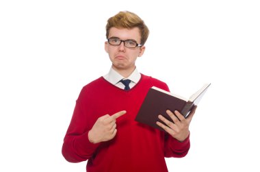 Üniversite öğrencisi üzerinde beyaz izole kitap ile