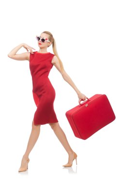 Beyaz izole Kırmızı elbiseli genç ve güzel kadın