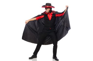 Karnaval paltolu genç adam beyazlar içinde soyutlanmış.