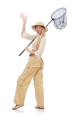 Ağı yakalayan kadın beyazda izole.