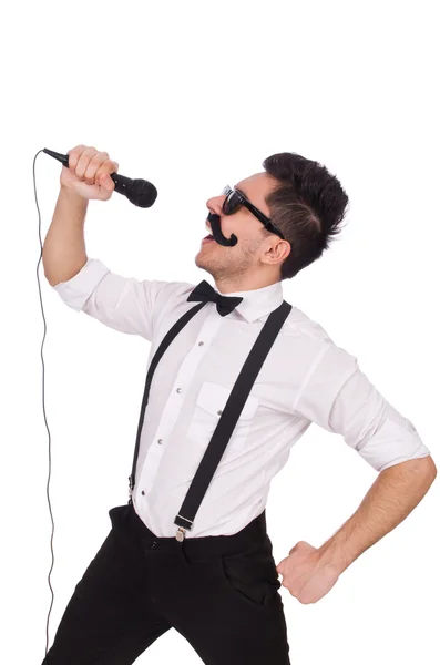 Lustiger Mann mit Mikrofon isoliert auf weiß — Stockfoto