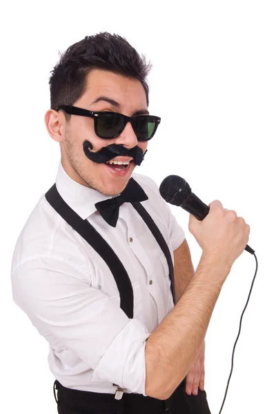 Zabawny człowiek z mikrofonem na białym tle — Zdjęcie stockowe