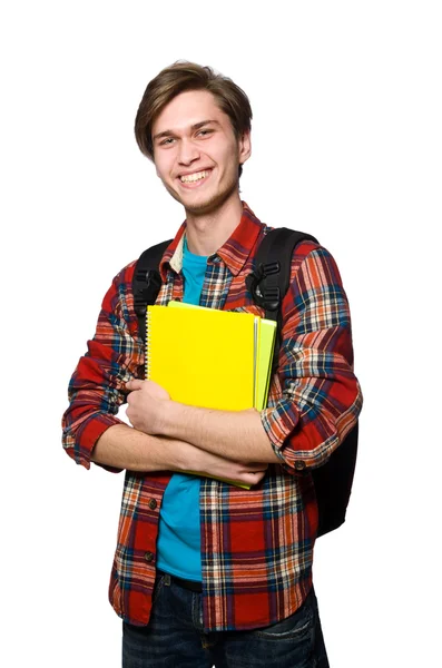 Grappige student met boeken geïsoleerd op wit — Stockfoto