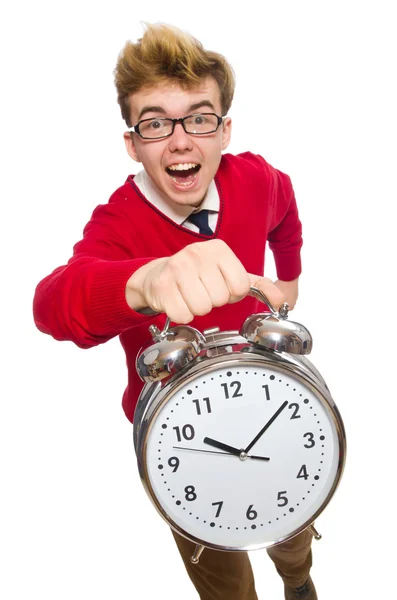 Student with alarm clock isolated on white — Stock Photo, Image