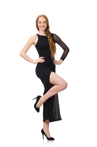 Jovem senhora em elegante vestido preto isolado no branco — Fotografia de Stock