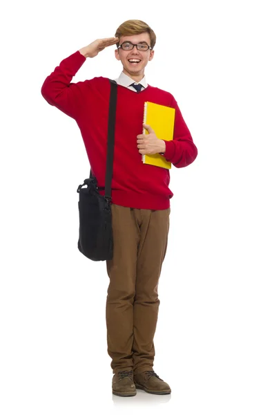 Estudiante con bolsa y papel aislado en blanco — Foto de Stock