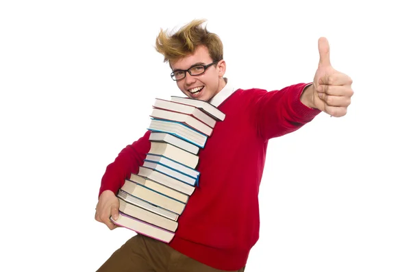 Studente universitario con libro isolato su bianco — Foto Stock