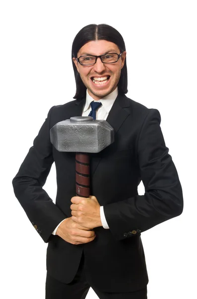 Handsome businessman holding hammer isolated on white — Stock Photo, Image