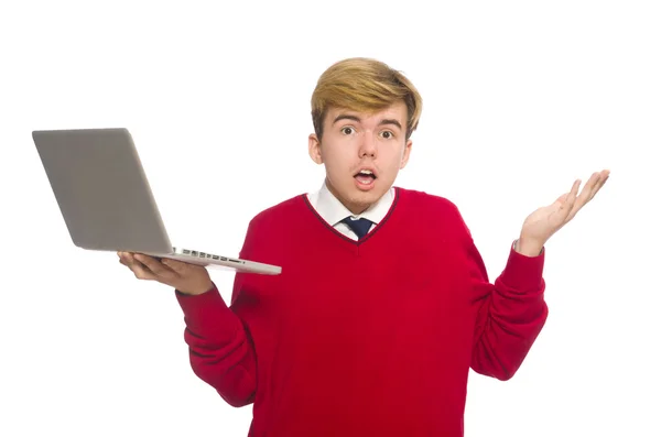 Student med laptop isolerad på vit — Stockfoto