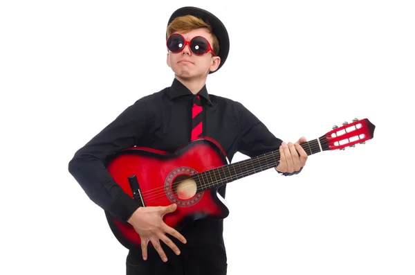 Positieve jongen met gitaar geïsoleerd op wit — Stockfoto