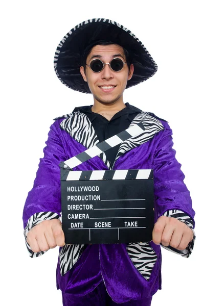 Hombre con ropa divertida sosteniendo la guitarra aislada en blanco — Foto de Stock