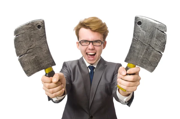 Young businessman with weapon isolated on white — Stock Photo, Image