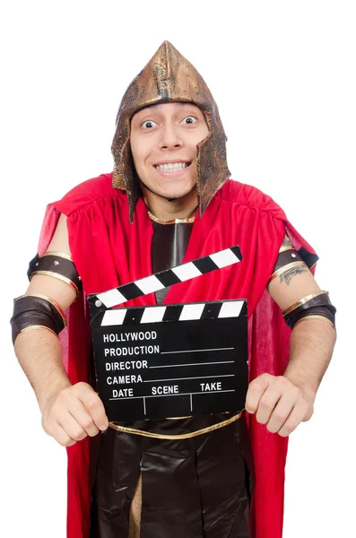 Gladiator with clapboard isolated on white — Stock Photo, Image