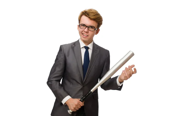 Jonge zakenman met honkbalknuppel geïsoleerd op wit — Stockfoto