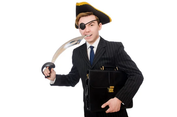 Молодий чоловік в костюмі з піратським капелюхом ізольований на білому — стокове фото