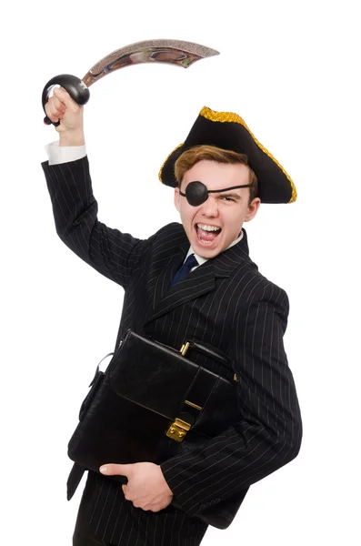 Jovem de traje com chapéu de pirata isolado em branco — Fotografia de Stock
