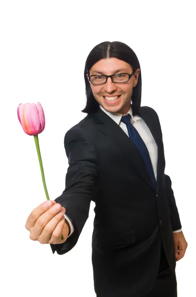 Handsome businessman with flower isolated on white — Stock Photo, Image