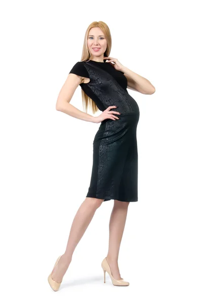 Hübsche schwangere Frau in schwarzem Kleid isoliert auf weißem Grund — Stockfoto