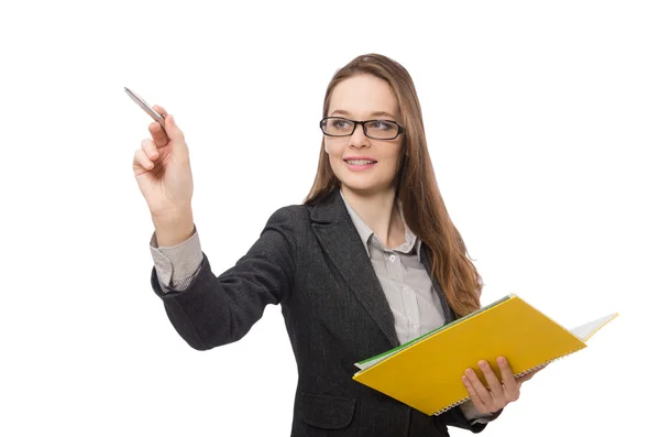 Senhora de trabalho com papel isolado em branco — Fotografia de Stock