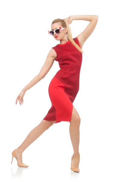 Bella giovane donna in abito rosso isolato su bianco — Foto Stock