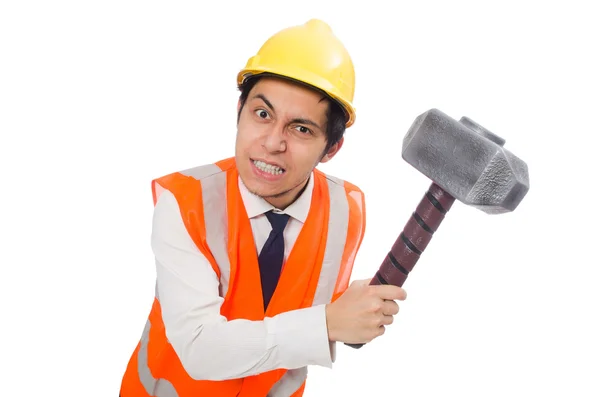 Trabajador de la construcción con martillo aislado en blanco — Foto de Stock