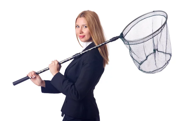 Businesswoman with catching net on white — Stock Photo, Image