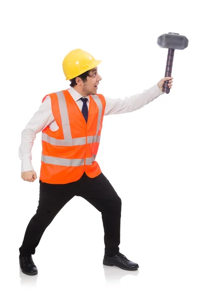 Construction worker with hammer isolated on white — Stock Photo, Image