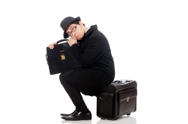 Young man holding bags isolated on white — Stock Photo, Image