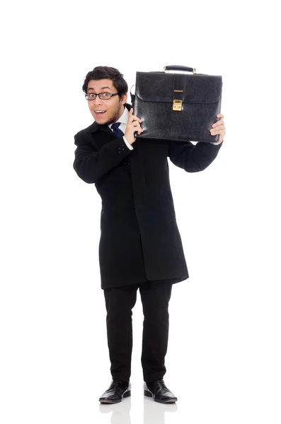 Młody mężczyzna trzymający walizkę na białym — Zdjęcie stockowe