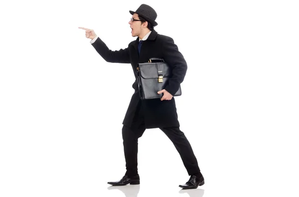 Young man holding suitcase isolated on white — Stock Photo, Image