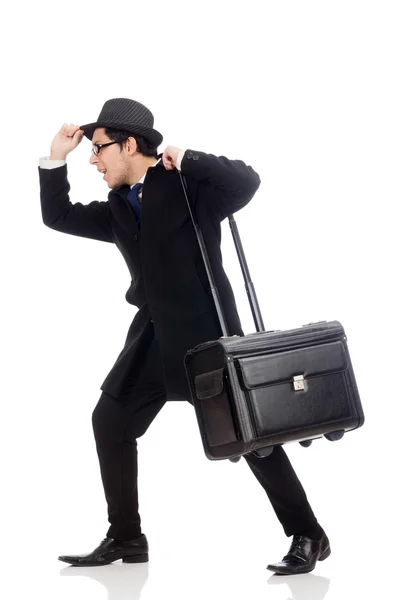 Young man holding bags isolated on white — Stock Photo, Image