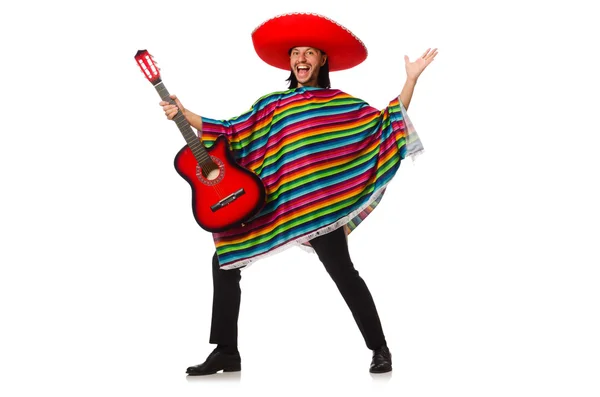 Mexicano em poncho vívido segurando guitarra isolada em branco — Fotografia de Stock