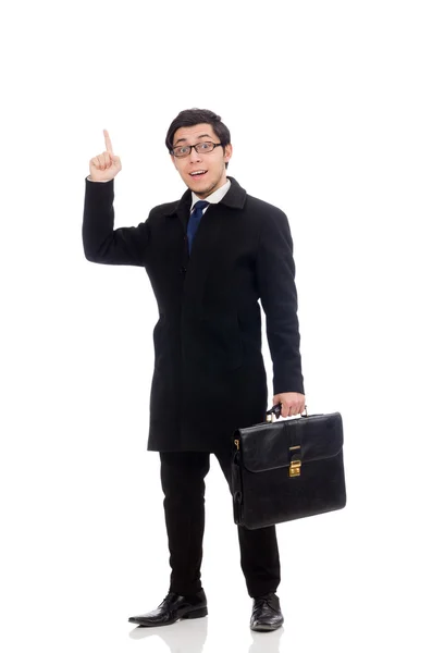 Young man holding suitcase isolated on white — Stock Photo, Image