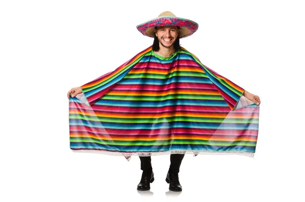 Bonito homem em poncho vívido isolado em branco — Fotografia de Stock