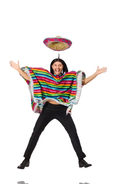 Bonito homem em poncho vívido isolado em branco — Fotografia de Stock