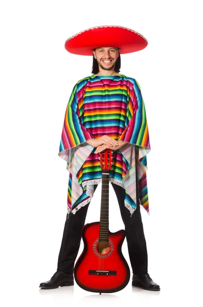 Mexicain en poncho vif tenant la guitare isolée sur blanc — Photo