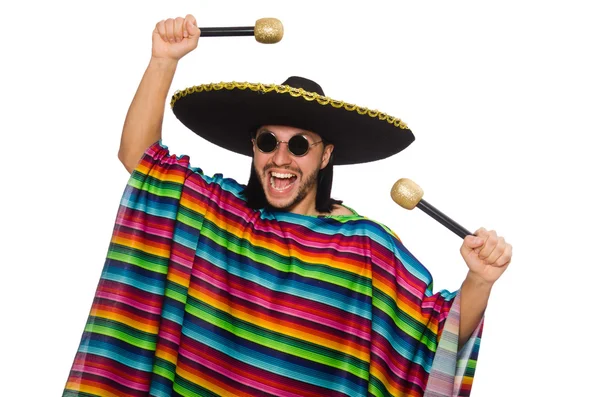 Bell'uomo in poncho vivido con maracas isolate su bianco — Foto Stock