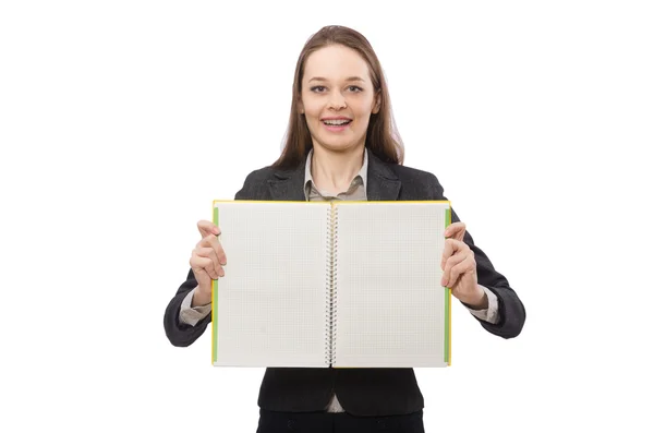 Senhora de trabalho com papel isolado em branco — Fotografia de Stock