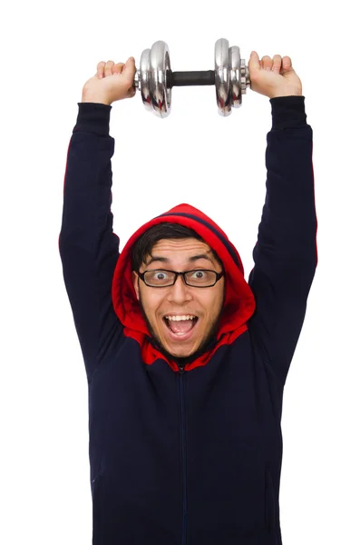 Joven con mancuernas aisladas en blanco — Foto de Stock