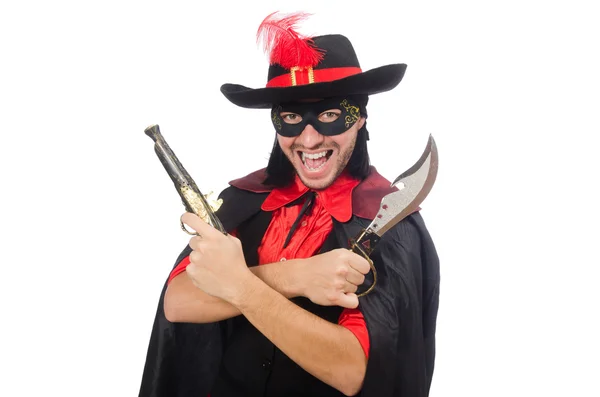 Joven con abrigo de carnaval con pistola aislada en blanco —  Fotos de Stock