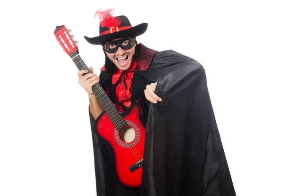 Jovem de casaco de carnaval com guitarra isolada em branco — Fotografia de Stock