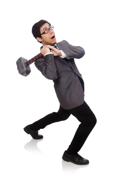 Business man holding hammer isolated on white — Stock Photo, Image