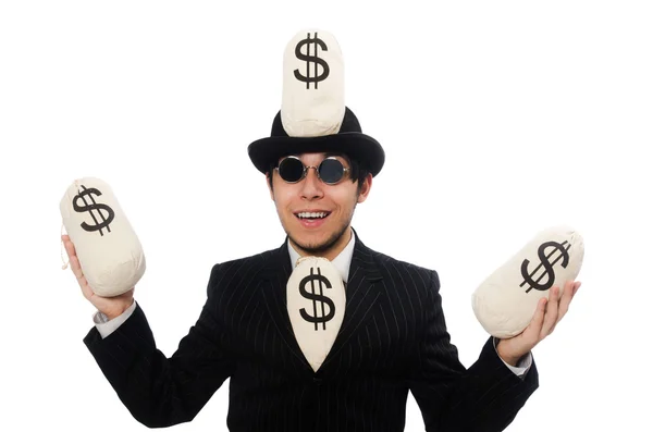 Jonge werknemer houdt geld zakken geïsoleerd op wit — Stockfoto