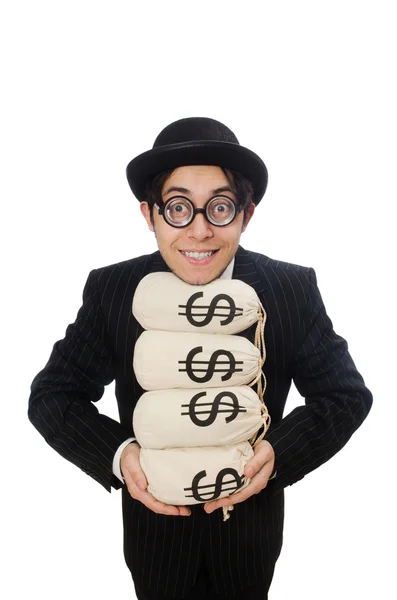 Young employee holding money bags isolated on white — Stock Photo, Image