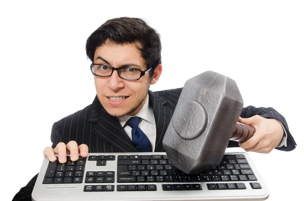 Jovem funcionário com teclado isolado em branco — Fotografia de Stock