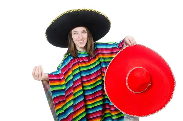 Menina mexicana bonita em poncho vívido isolado em branco — Fotografia de Stock